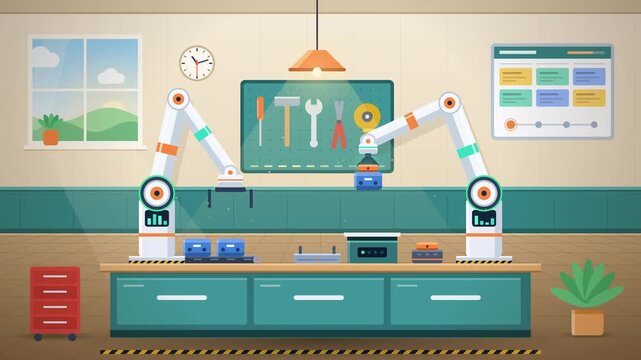 Industrial robotic arms working on a production line in a modern automated factory workshop.