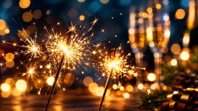 Close-up of two lit sparklers with golden sparks, champagne glasses and festive bokeh lights in the background, New Year's Eve celebration