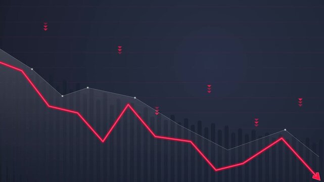 Red financial chart showing market crash, stock drop, and economic crisis with downward arrow trends