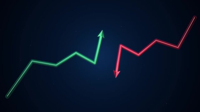 Glowing green and red financial chart arrows indicating stock market growth and economic trends on a dark background