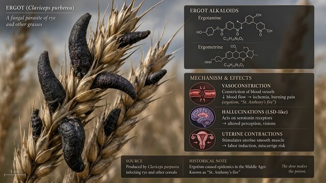 Detailed scientific graphic of black ergot sclerotia on rye showing ergot alkaloid molecules causing severe blood vessel constriction, st anthonys fire, and uterine contractions