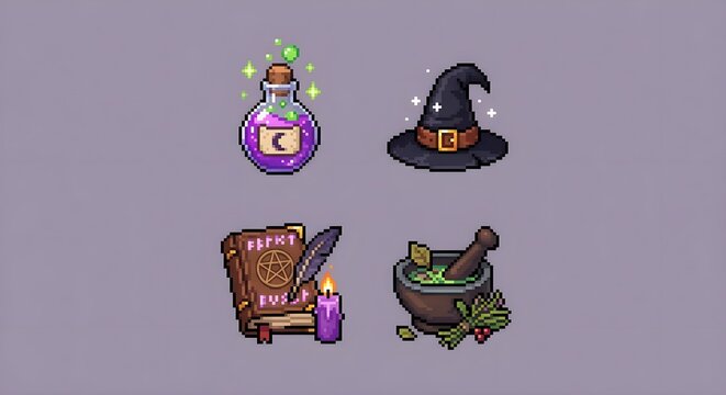 Set of pixel art witchcraft and potion icons isolated on solid background