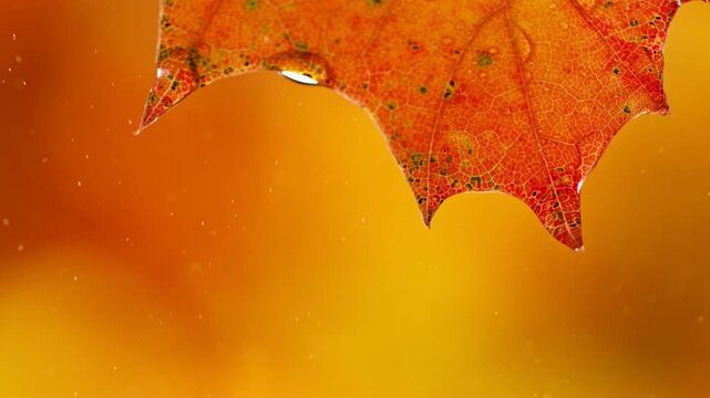 Macro slow motion footage of a water droplet falling from a maple leaf, captured at 1000 fps. Intricate leaf veins, delicate water movement, and natural details in stunning close-up.