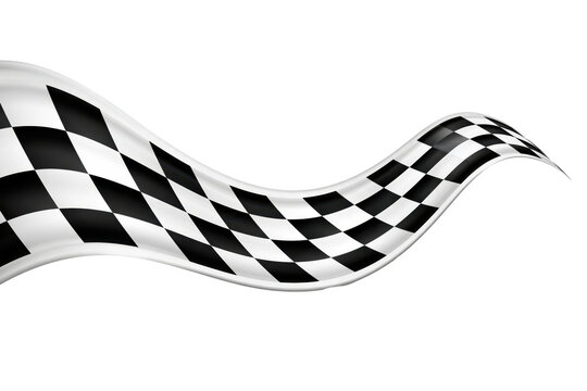 Wavy black and white checkered racing flag isolated on white background with clipping path, flowing fabric shape suggests speed and motion