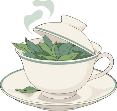 Ceramic teacup with saucer overflowing with fresh green tea leaves and steam rising from the brew.