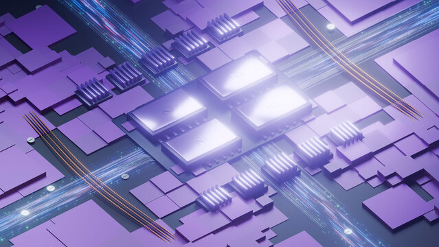Circuit board with glowing microchips and digital data streams