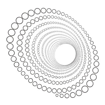 Abstract circular spiral pattern composed of increasing and decreasing sized outlines with geometric patte