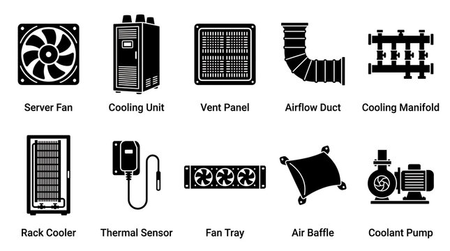 Data center cooling equipment with fans vents and pumps isolated on