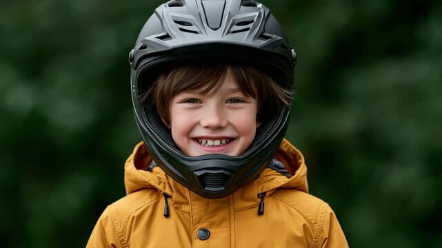 Child smiles in a helmet outdoors