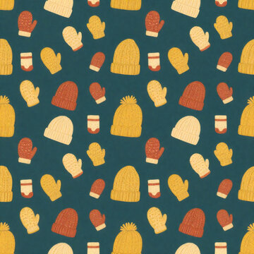 Seamless micro pattern of tiny knitted mittens, wool socks and beanies in mustard yellow and rust red on dark teal background