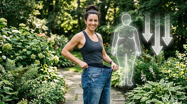 Happy woman showing weight loss success in oversized jeans