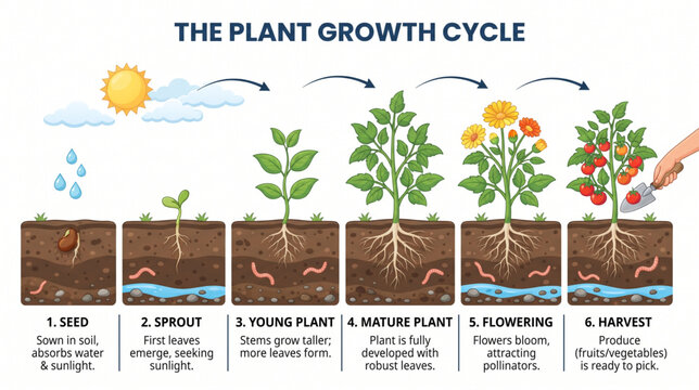 Tomato plant growth cycle infographic with underground root and soil stages