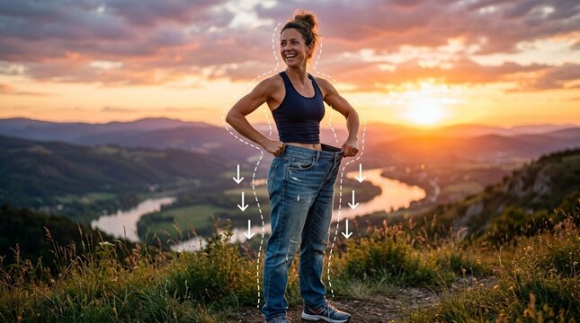 Fitness journey woman showing weight loss in oversized jeans at sunset