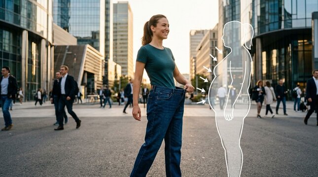 Fitness journey concept woman wearing oversized jeans in the city