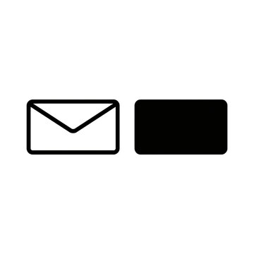 Minimalist black outline and solid vector icons depicting an envelope and a rectangular card or notification symbol, isolated on a clean solid white background for digital communication conc
