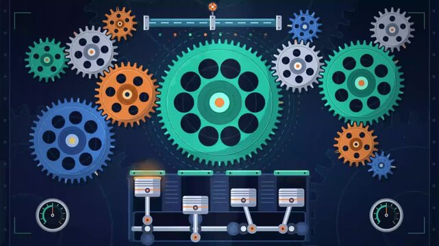 Abstract digital illustration of mechanical gears and engine pistons working together in a technical blueprint style.