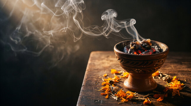 Decorated clay censer with burning copal resin on glowing charcoal, smoke and marigold petals on rustic wooden table