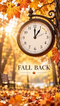 Fall back concept with watch, clock, colorful autumn leaves, acorns, and pinecones on a rustic wooden background representing daylight saving time and season change.