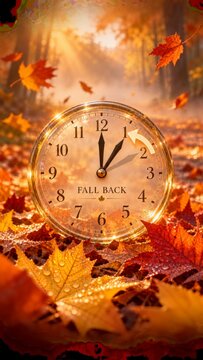 Fall back concept with watch, clock, colorful autumn leaves, acorns, and pinecones on a rustic wooden background representing daylight saving time and season change.