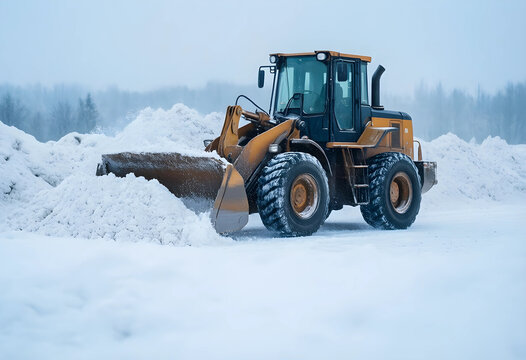 Snow removal and winter maintenance, yellow wheel loader clearing heavy snow from road during blizzard in cold weather conditions