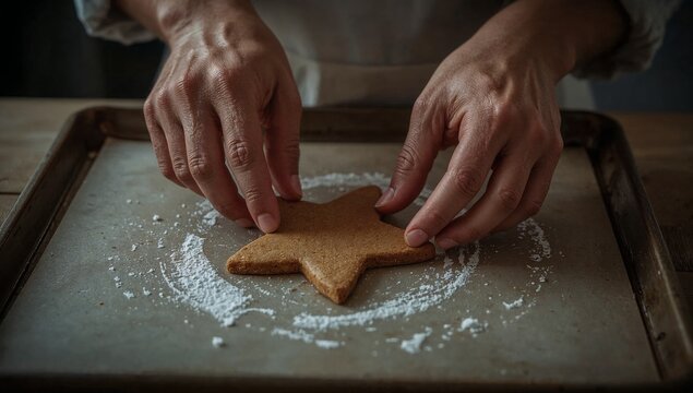 Person preparing a star-shaped cookie on a baking sheet