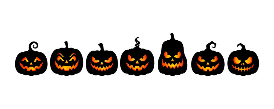 Set of seven scary halloween pumpkins with glowing eyes and mouths