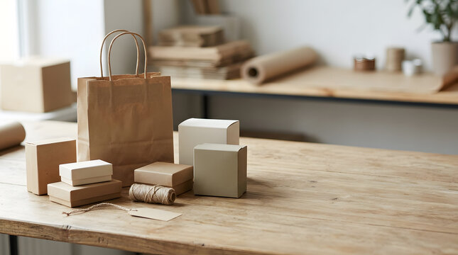 Brown carrier bag surrounded by cream and kraft product cartons