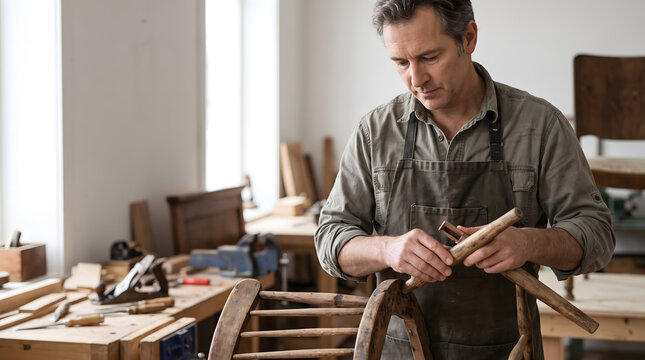 Woodworker examining a curved chair rail in a bright workshop