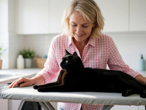 Smiling middle aged woman looks at black cat lying on ironing board. Naughty pet interrupts housework in bright kitchen. Cute animal refuses to move female owner tries to iron clothes. Domestic life