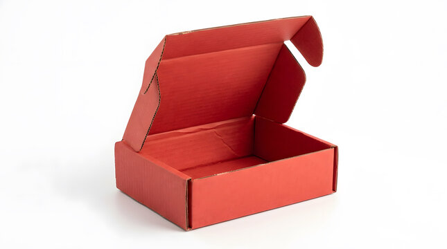 Empty red mailer box with open lid and extended side tabs