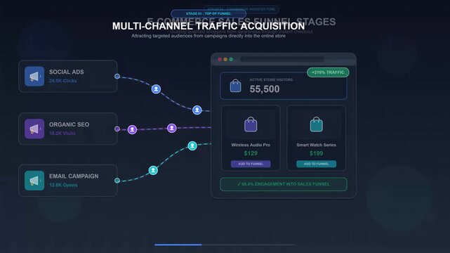 Digital marketing strategy dashboard displaying multi channel traffic acquisition metrics and e commerce sales funnel progression paths to track customer conversion rates for various online