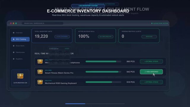 Digital software interface showing e commerce supply chain management and live product stock levels tracking for logistics coordination and efficient warehouse storage monitoring for online