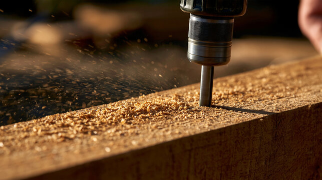 Elegant photo of A woodworking tool drilling a hole into a wooden plank with flying sawdust in bright sunlight. Ideal background for carpentry and manufacturing concepts.
