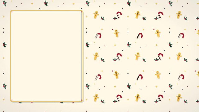 Seamless repeating pattern of geometric candy canes, gingerbread men, holly leaves, and stars scrolling diagonally. Features a large, elegant cream copy space plate on the left side with gold and navy