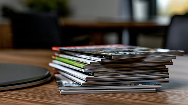Elegant photo of A stack of colorful magazines sits on a wooden office desk. This image is ideal for concepts regarding media, journalism, or business news.