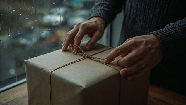 A person wraps a box with a string, a simple yet effective packaging solution