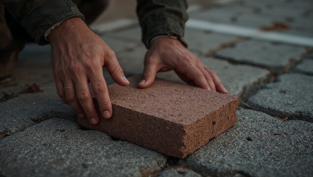 A person placing a brick on a sidewalk, a common urban scene