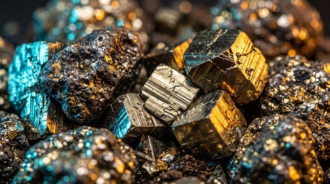 ​A macro close-up view of raw iron pyrite (fool's gold) crystals showing metallic golden and iridescent blue-tinged metallic luster with characteristic cubic crystal formations.