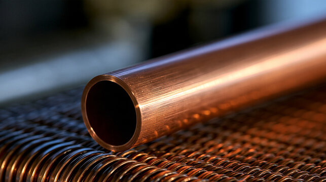Elegant photo of Close-up of a shiny copper pipe resting on industrial heat exchanger coils under warm lighting. Ideal background for manufacturing and engineering concepts.
