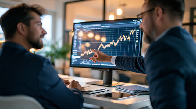 Two european business partners reviewing marketing analytics on a large monitor with rising growth charts in a bright office rear view of both partners at the desk one pointing