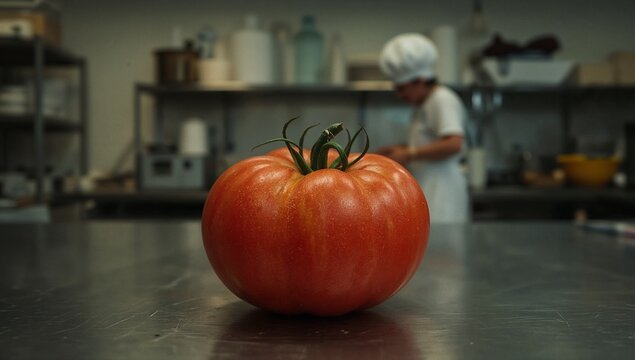 A large tomato sits on top of a counter, ready to be used in a recipe or as a decoration