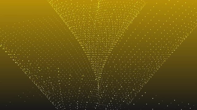 Abstract animation featuring thousands of shimmering golden light particles swirling and curling into a large inverted cone formation against a warm amber to deep black gradient background.