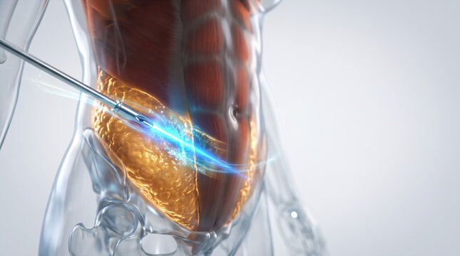 Transparent human abdomen with highlighted belly fat and blue laser fiber sweeping through it. Abdominal laser lipolysis and tummy slimming treatment concept.