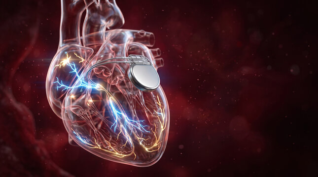 Transparent human heart with glowing blue electrical pulses on deep red background. Cardiac rhythm treatment and heart health concept. 3D medical illustration of cardiology and heartbeat