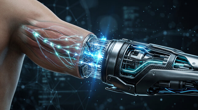 Futuristic robotic prosthetic arm connected to human forearm with glowing neural signals. Bionic limb and nerve integration technology concept. 3D illustration of advanced rehabilitation medicine