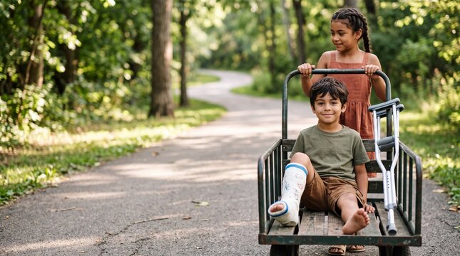 Caring sister pushing mixed race boy with leg cast in wooden cart along park path. Cheerful siblings sharing childhood injury recovery and support during walk.