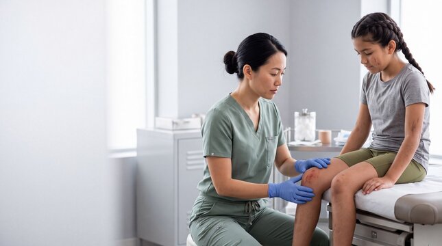 Pediatrician examining scraped knee of injured girl in medical examination room. Female asian nurse providing pediatric first aid and wound care during clinical injury recovery visit.