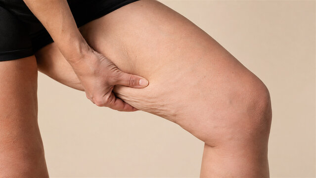 person pinching skin on thigh in close-up. Body fat and cellulite awareness. Weight management and body image concept. Skin care and fitness lifestyle