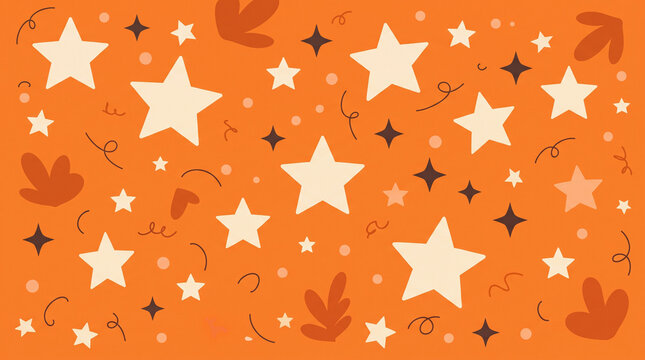 Cute autumn pattern with white stars and abstract leaves on orange background