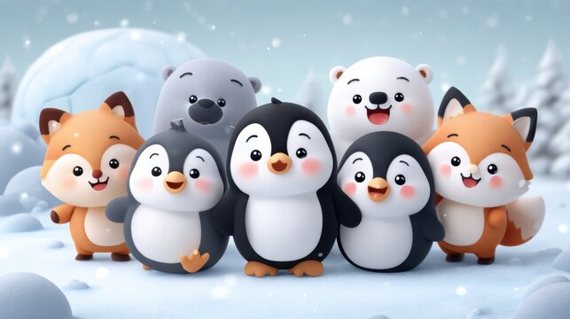 Arctic Animal Friends Gathered in Snowy Landscape